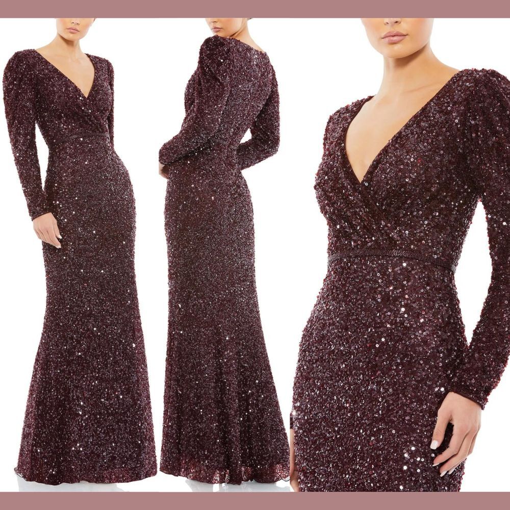 NWT Mac Duggal [ 6 ] V‎ Neck Puff Shoulder Sequined Surplice Gown Mahogany S1103